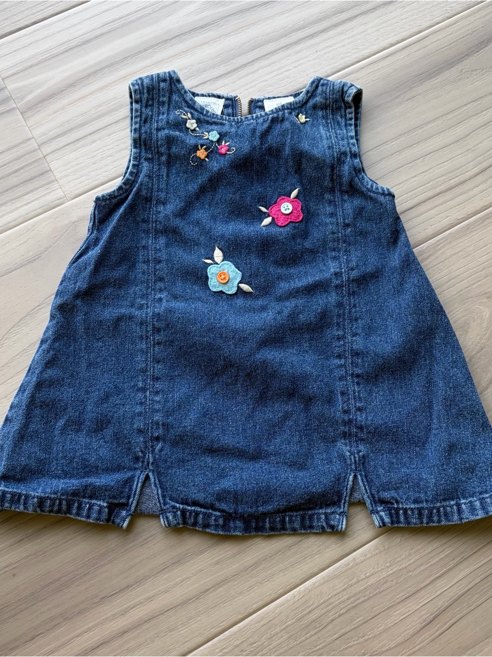 Vintage Y2K Girls Dark Blue Denim Dress with Floral Appliqué
